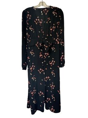 Idano Wasabi Black Butterfly Print Wrap Dress Midi Tie Waist Sz 3 (US M/8)